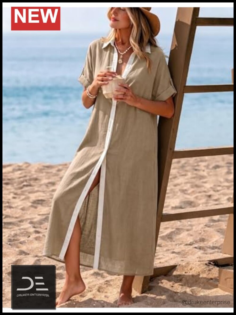 Womens V Neck Button Down Shirt Dress Linen Cotton Maxi Beach Coverup with - Picture 6 of 6